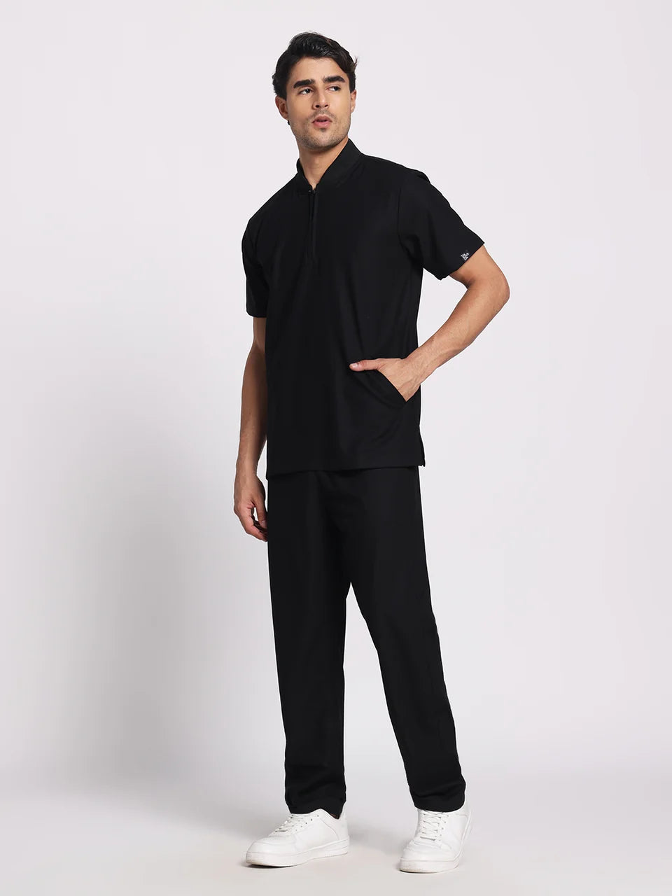Stretchable (4Way) Black Men Flex Zip Neckline Top With Straight Pants