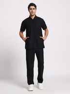 Stretchable (4Way) Black Men Flex Zip Neckline Top With Straight Pants