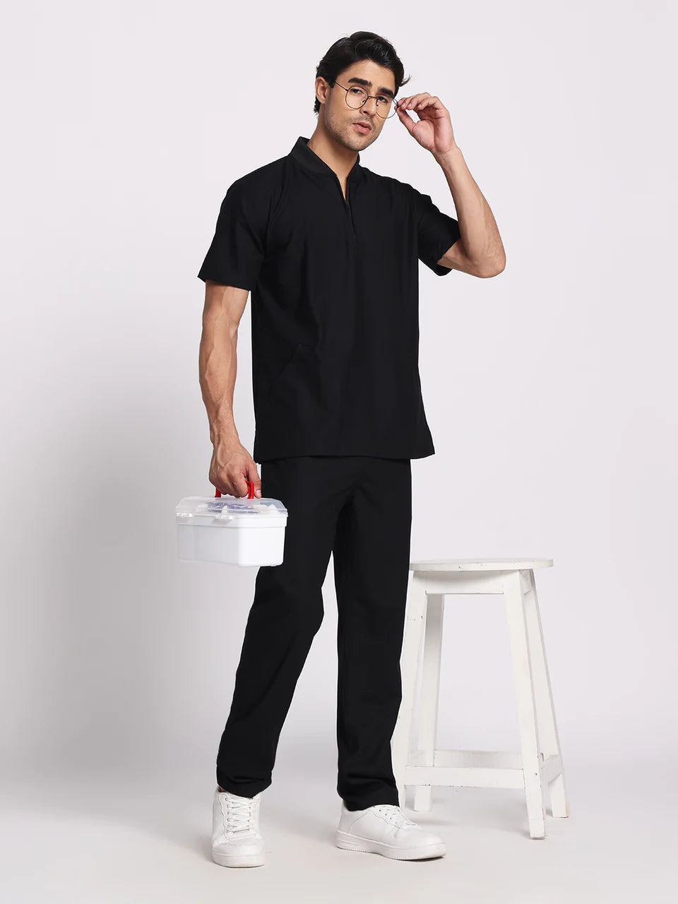 Stretchable (4Way) Black Men Flex Zip Neckline Top With Straight Pants