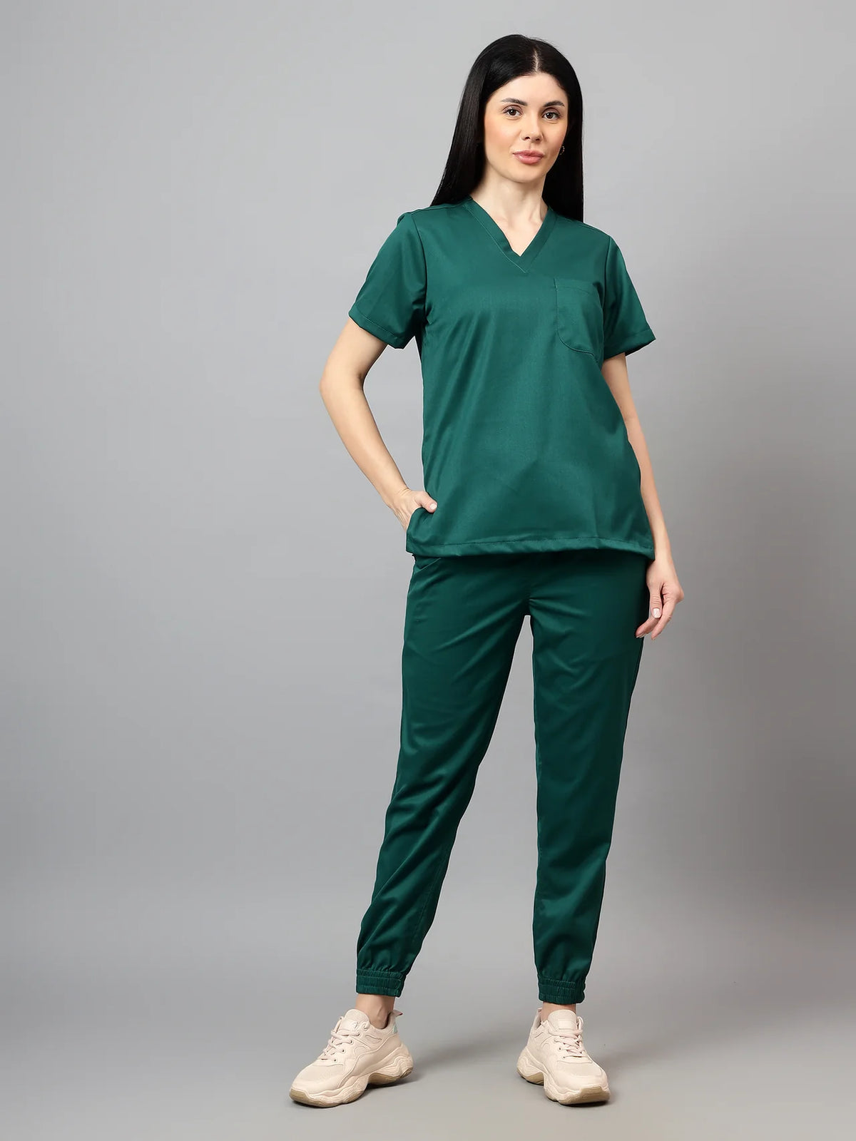 Stretchable (2Way) Women Hunter Green V-Neck With Jogger Scrub Set