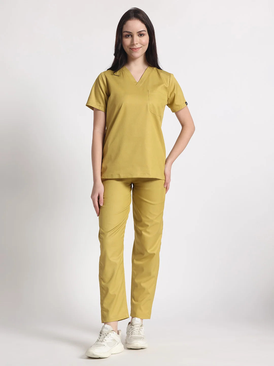 Stretchable (2Way) Women Mustard V-Neck With Straight Pant Scrub Set