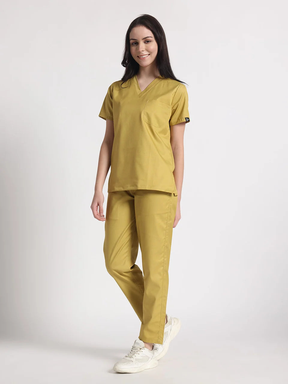 Stretchable (2Way) Women Mustard V-Neck With Straight Pant Scrub Set