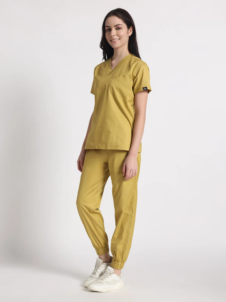 Stretchable (2Way) Women Mustard V-Neck With Jogger Scrub Set
