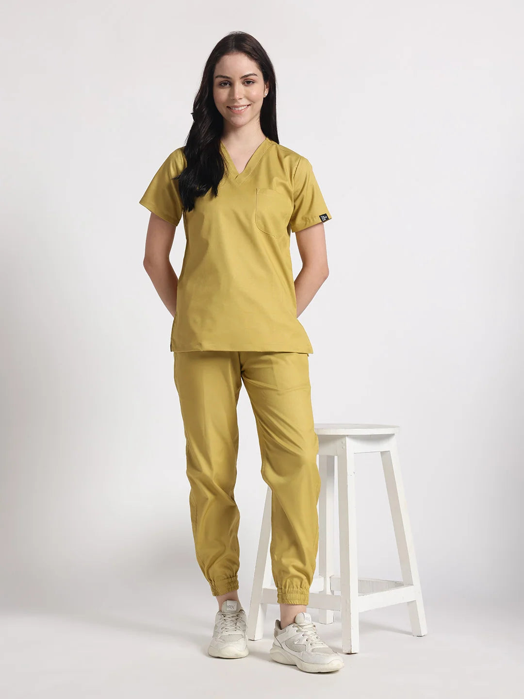 Stretchable (2Way) Women Mustard V-Neck With Jogger Scrub Set