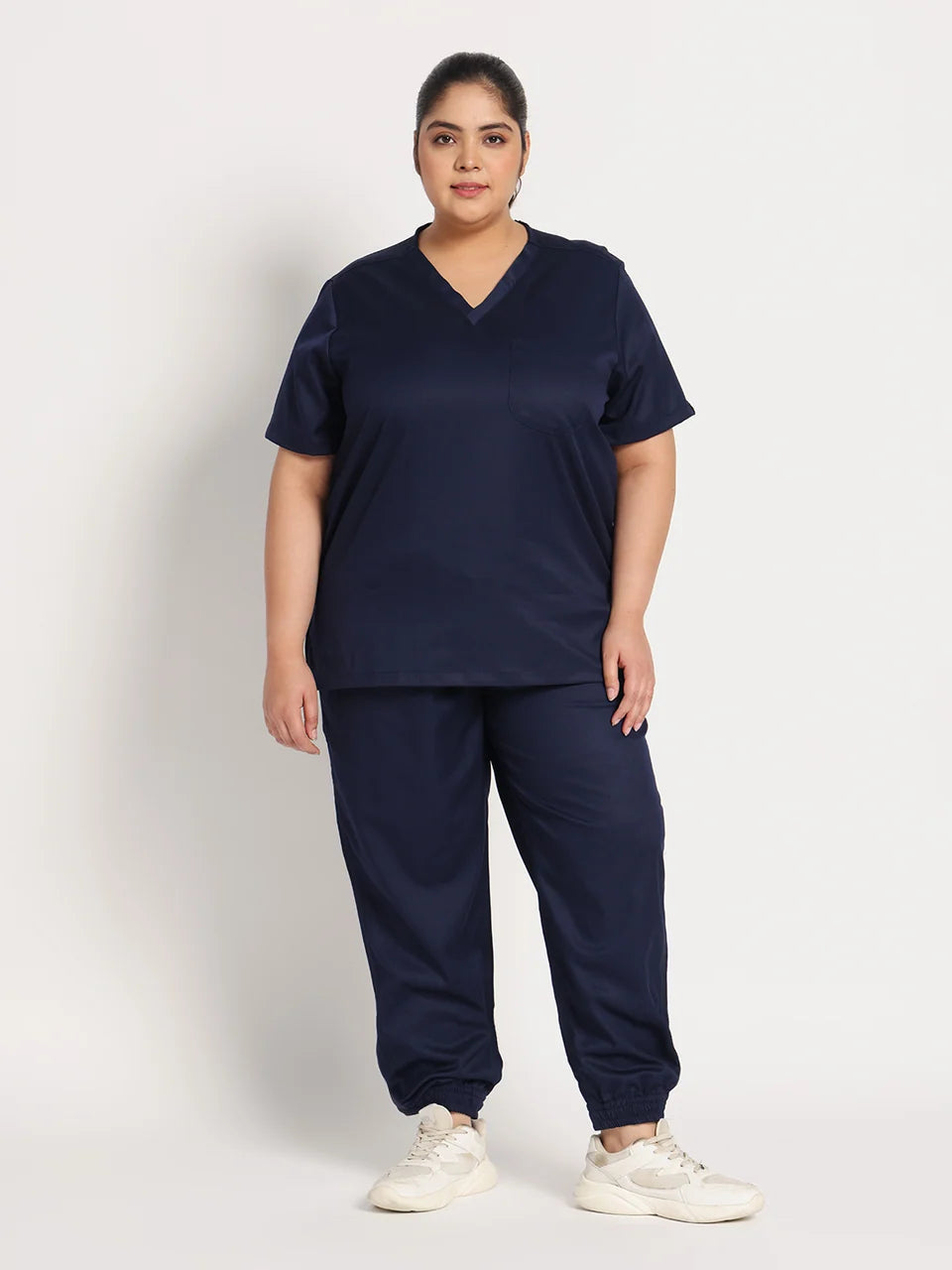 Stretchable (2Way) Women Navy Blue V-Neck With Jogger Scrub Set