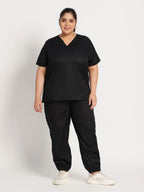 Stretchable (2Way) Women Black V-Neck With Jogger Scrub Set