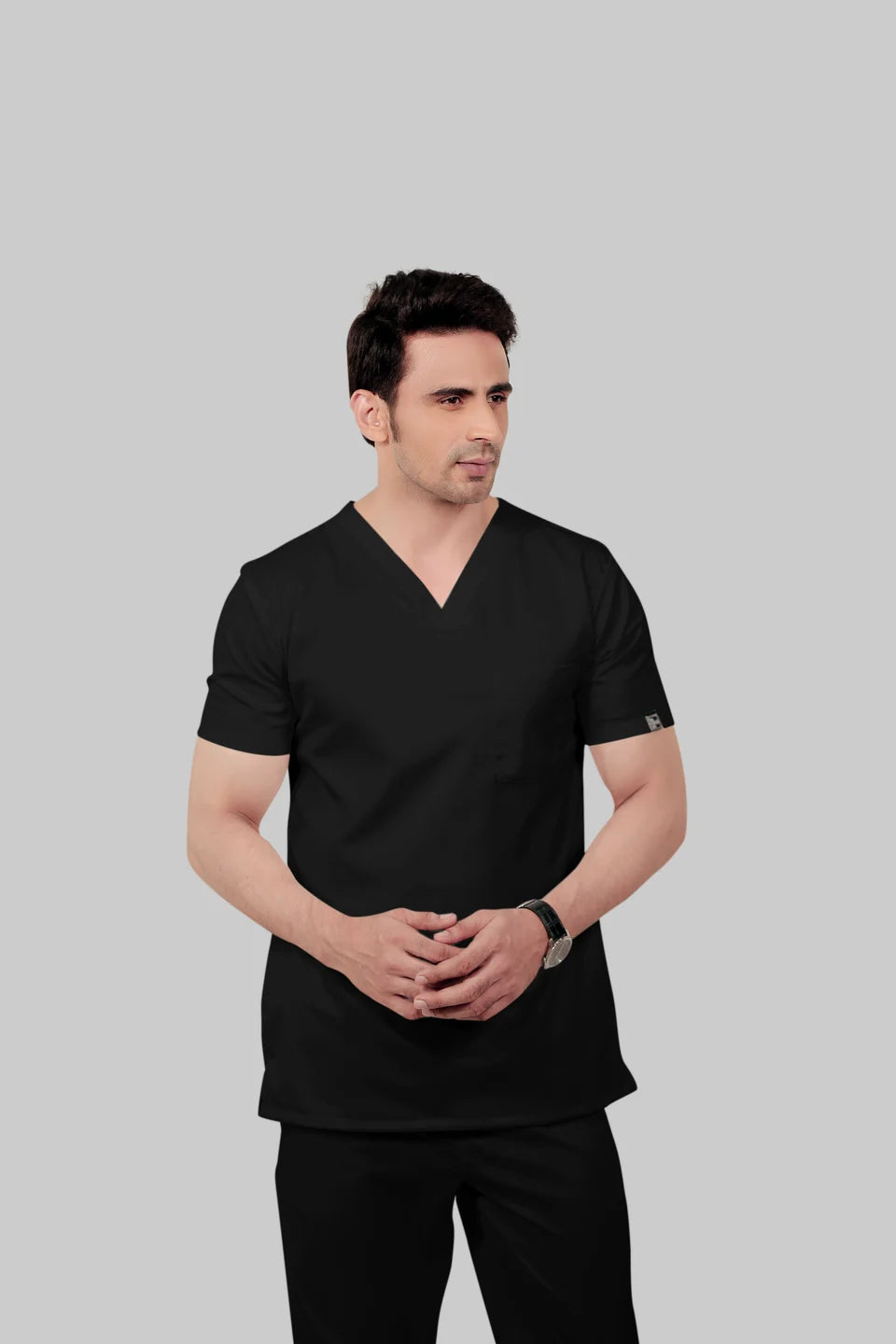 Stretchable (2Way) Men Black V-Neck With Straight Pant Scrub Set