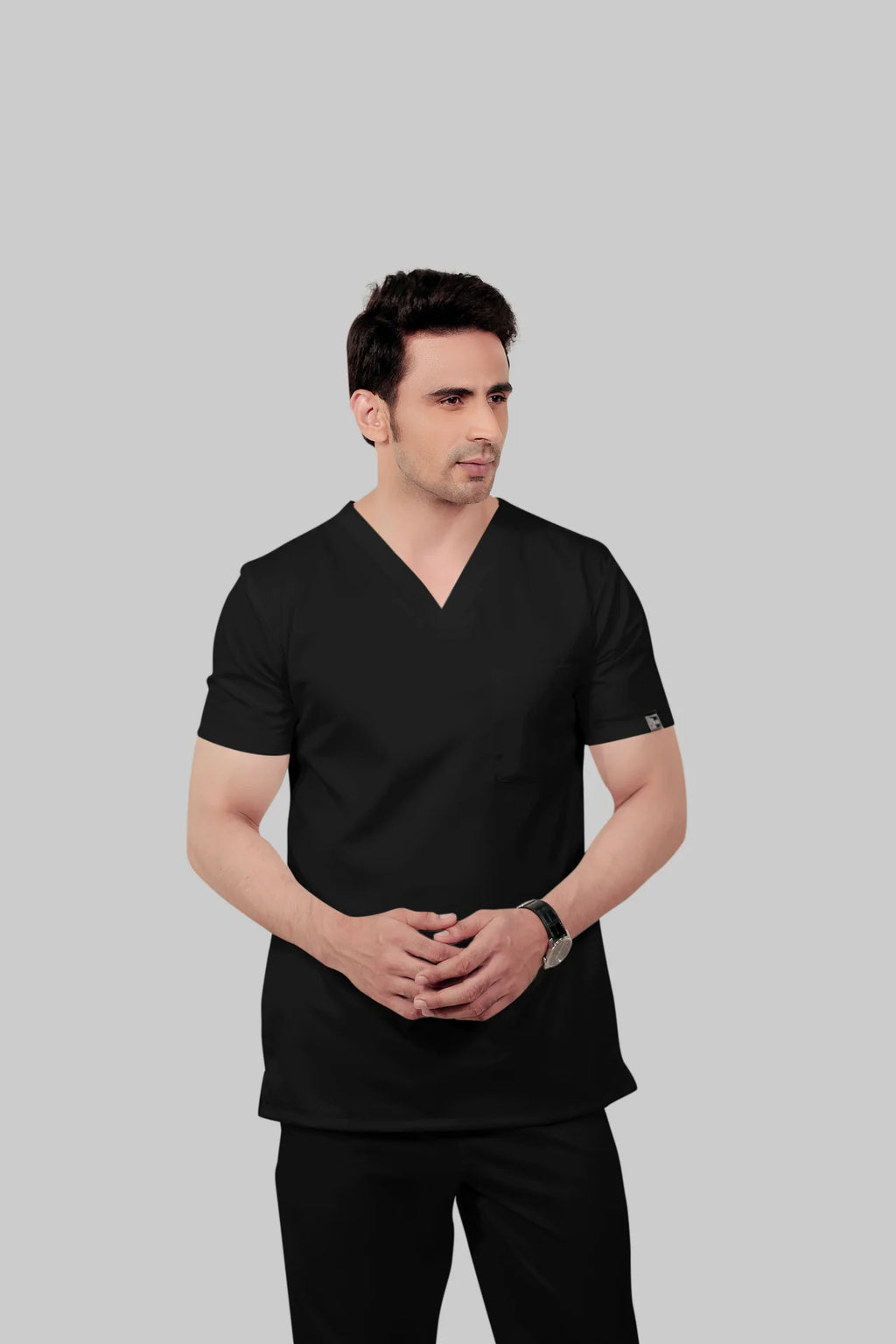 Stretchable (2Way) Men Black V-Neck With Jogger Scrub Set