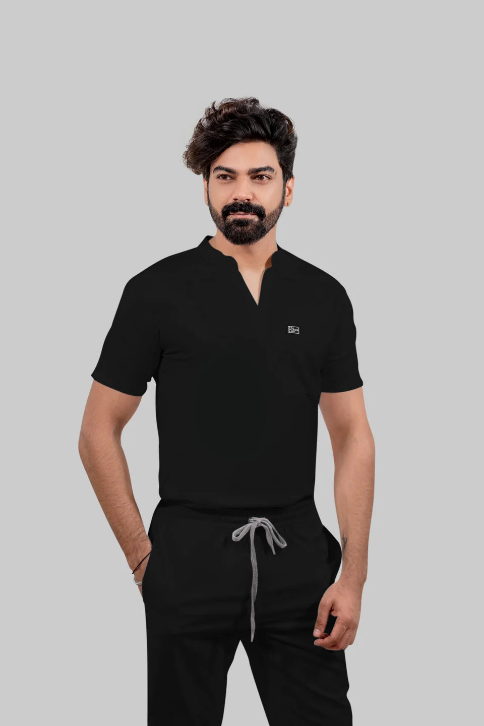 Stretchable (4Way) Men Black Mandarin Neck with Straight Pant Scrub Set