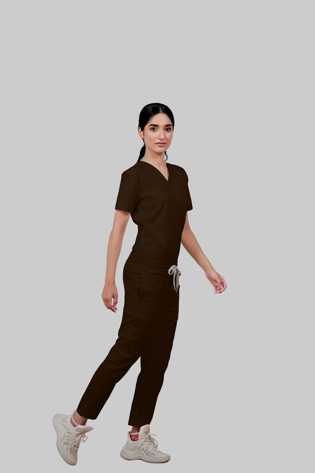 Stretchable (4Way) Women Brown V-Neck With Straight Pant Scrub Set