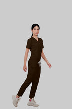 Stretchable (4Way) Women Brown V-Neck With Straight Pant Scrub Set