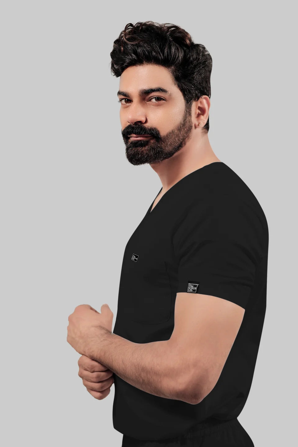 Stretchable (4Way) Men Black V-Neck With Straight Pant Scrub Set