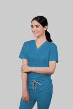 Stretchable (2Way) Women Peacock Blue V-Neck With Jogger Scrub Set