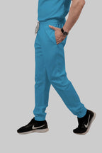 Stretchable (2Way) Women Peacock Blue V-Neck With Jogger Scrub Set