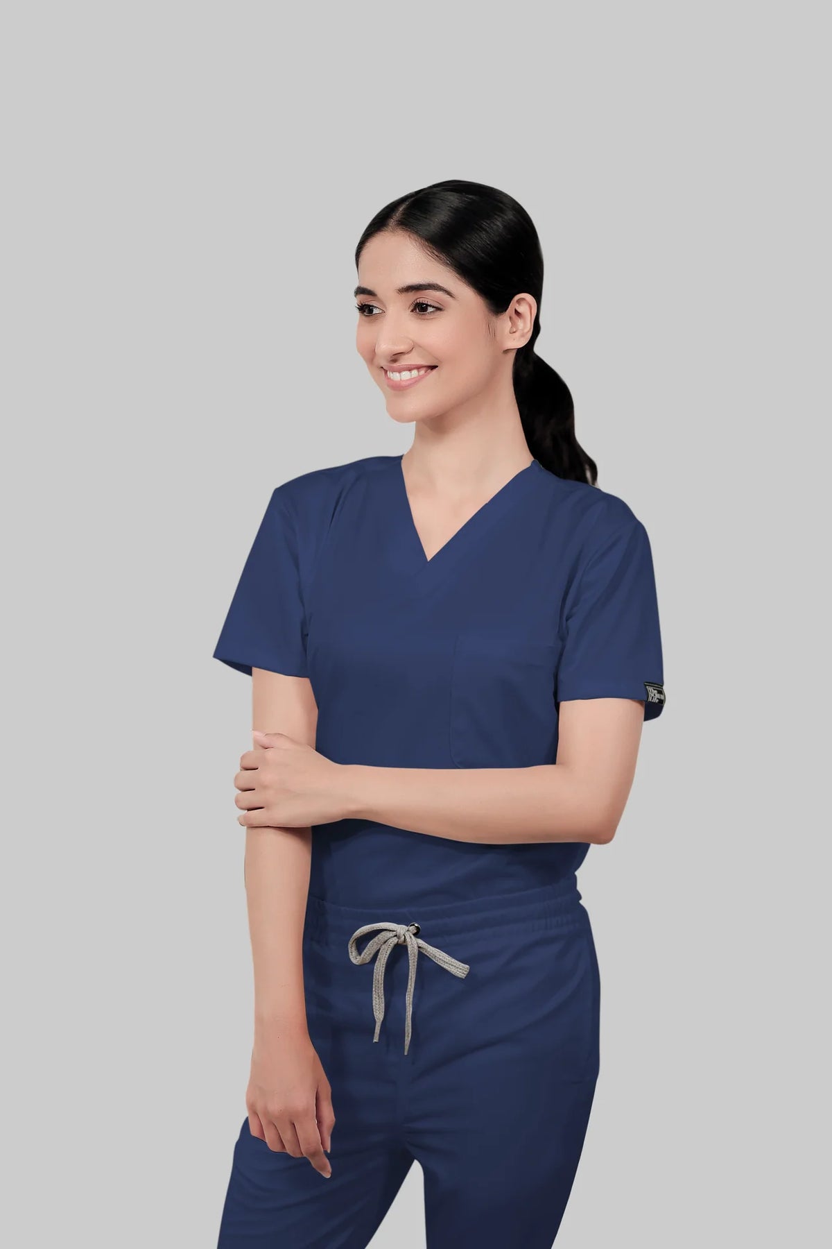 Stretchable (2Way) Women Navy Blue V-Neck With Jogger Scrub Set