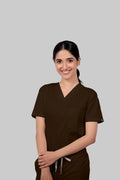 Stretchable (4Way) Women Brown V-Neck With Straight Pant Scrub Set