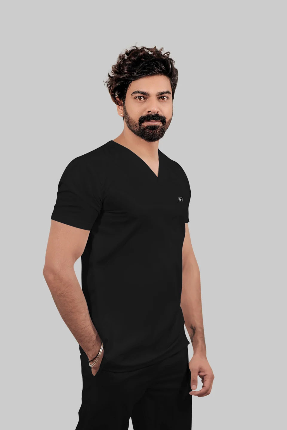 Stretchable (4Way) Men Black V-Neck With Jogger Scrub Set