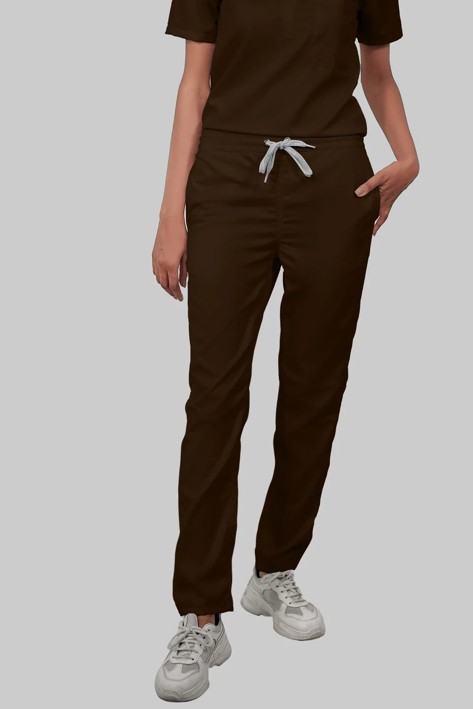 Stretchable (4Way) Women Brown V-Neck With Straight Pant Scrub Set