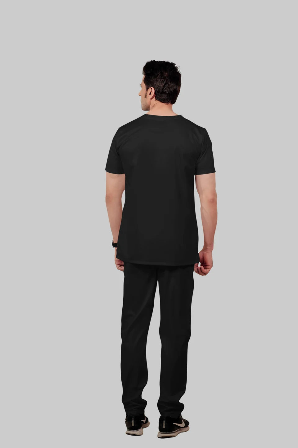 Stretchable (2Way) Men Black V-Neck With Straight Pant Scrub Set