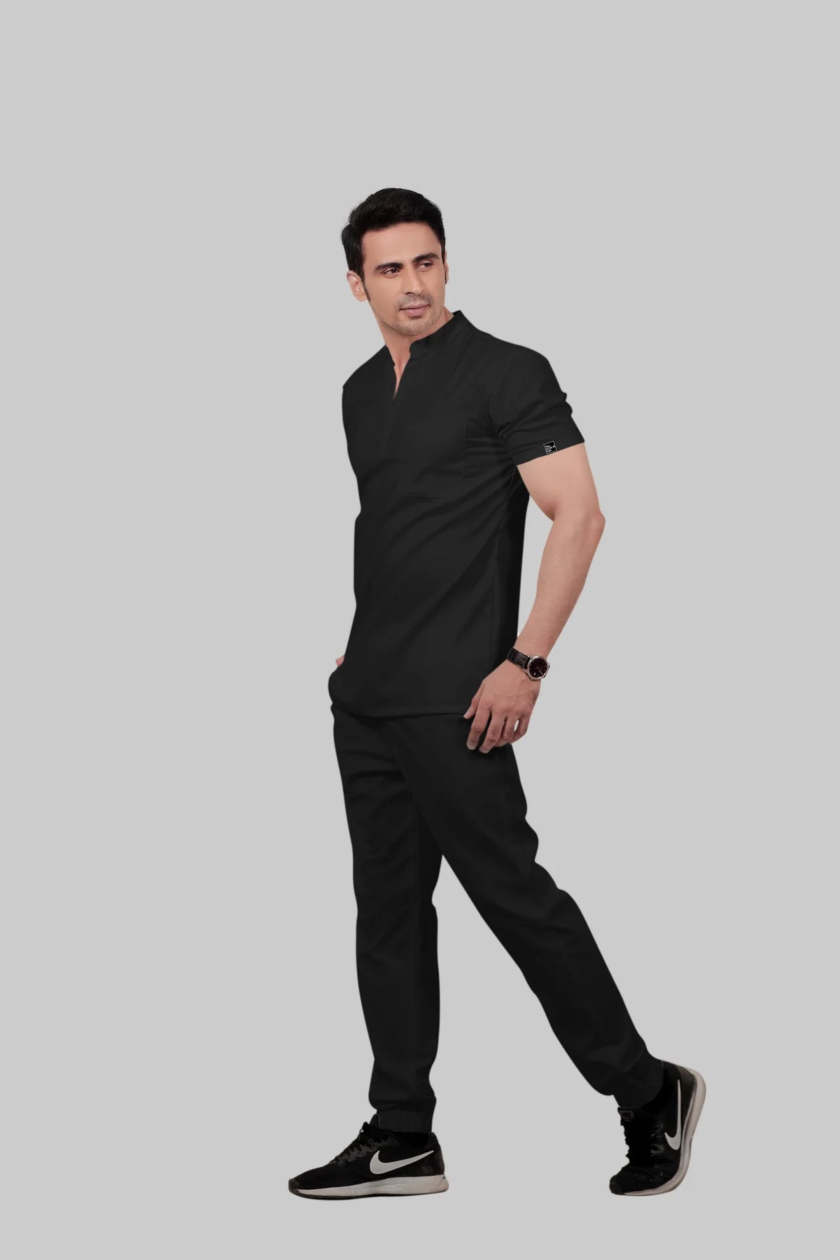 Stretchable (2Way) Men Black Mandarin Neck With Jogger Scrub Set