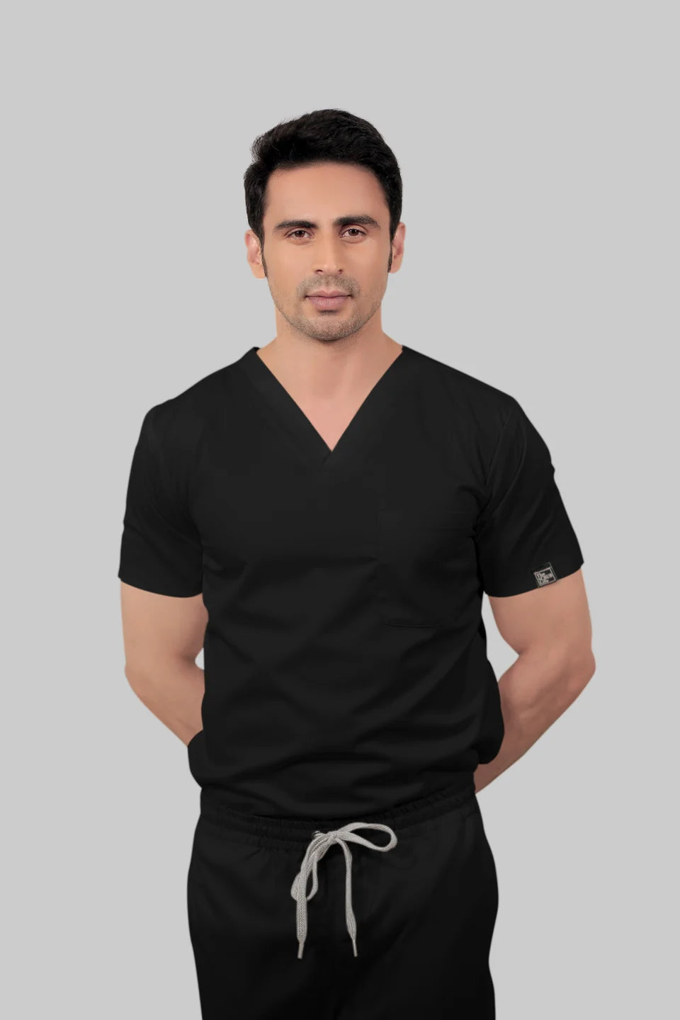 Stretchable (2Way) Men Black V-Neck With Straight Pant Scrub Set
