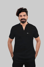 Stretchable (4Way) Men Black Mandarin Neck with Straight Pant Scrub Set