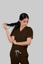 Stretchable (4Way) Women Brown V-Neck With Straight Pant Scrub Set