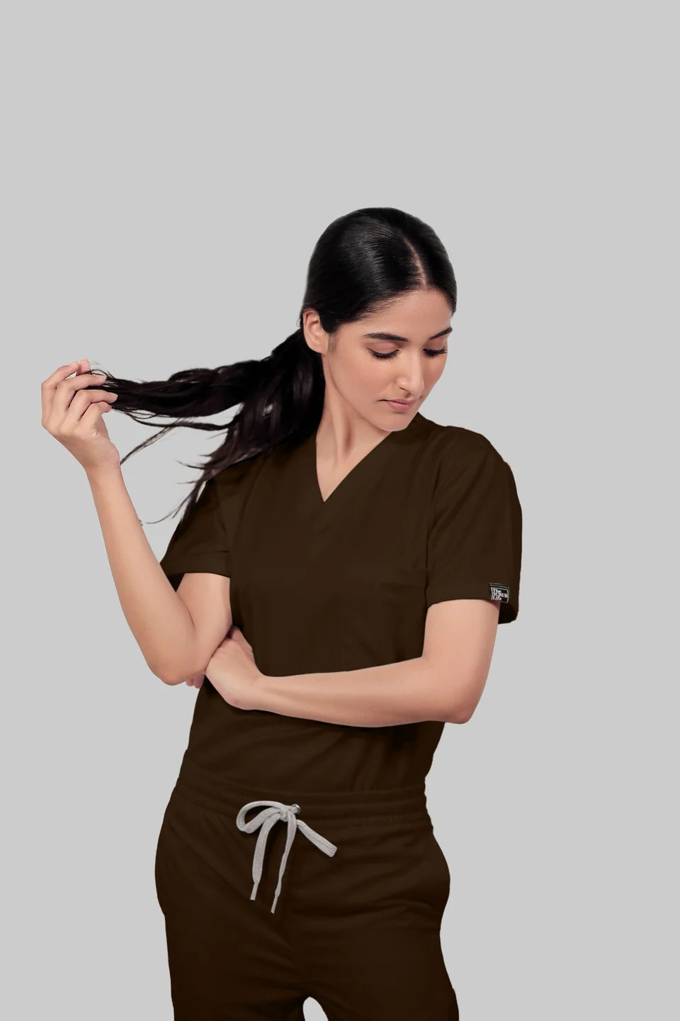 Stretchable (4Way) Women Brown V-Neck With Straight Pant Scrub Set