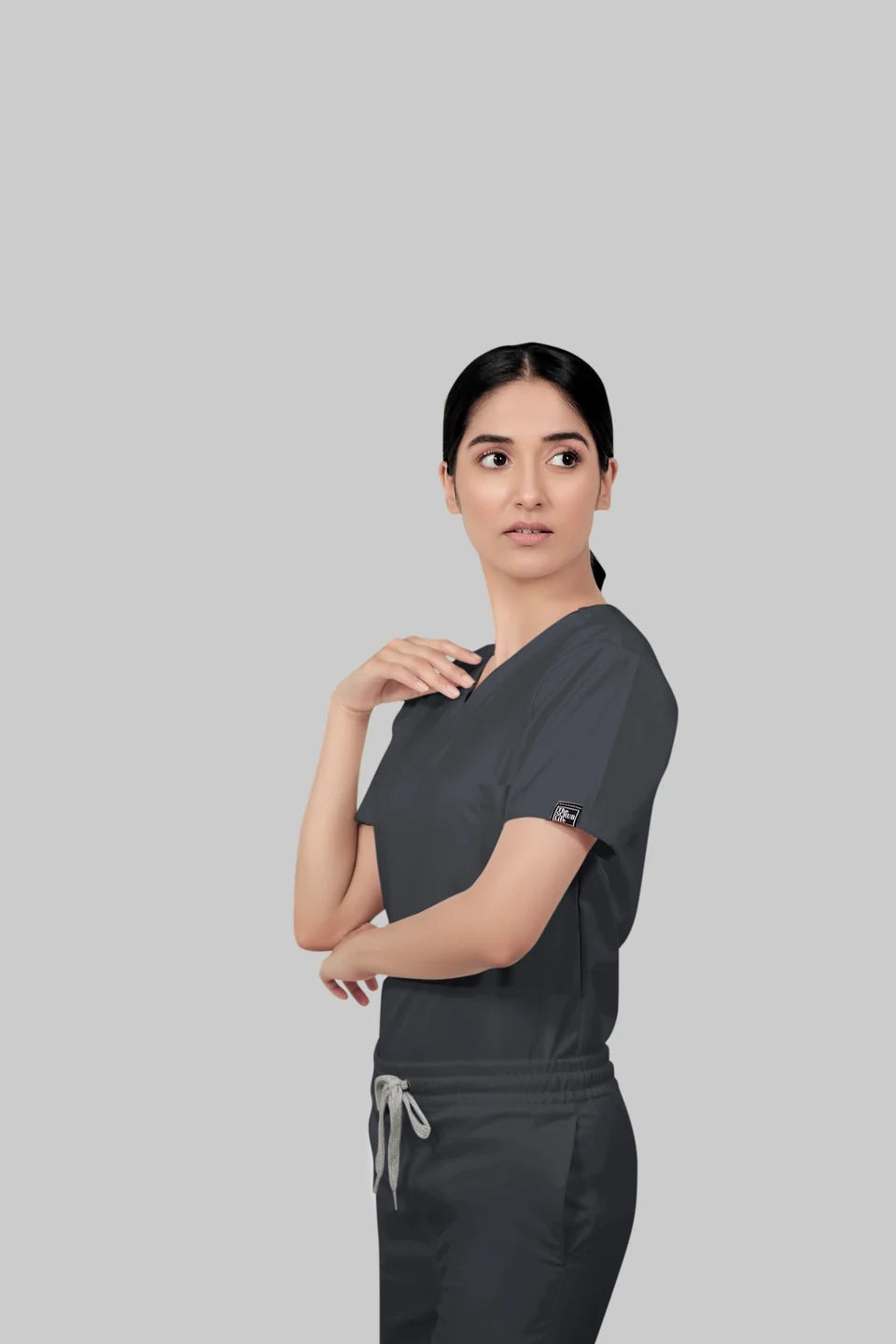 Stretchable (2Way) Women Dark Gray V-Neck Scrub Top