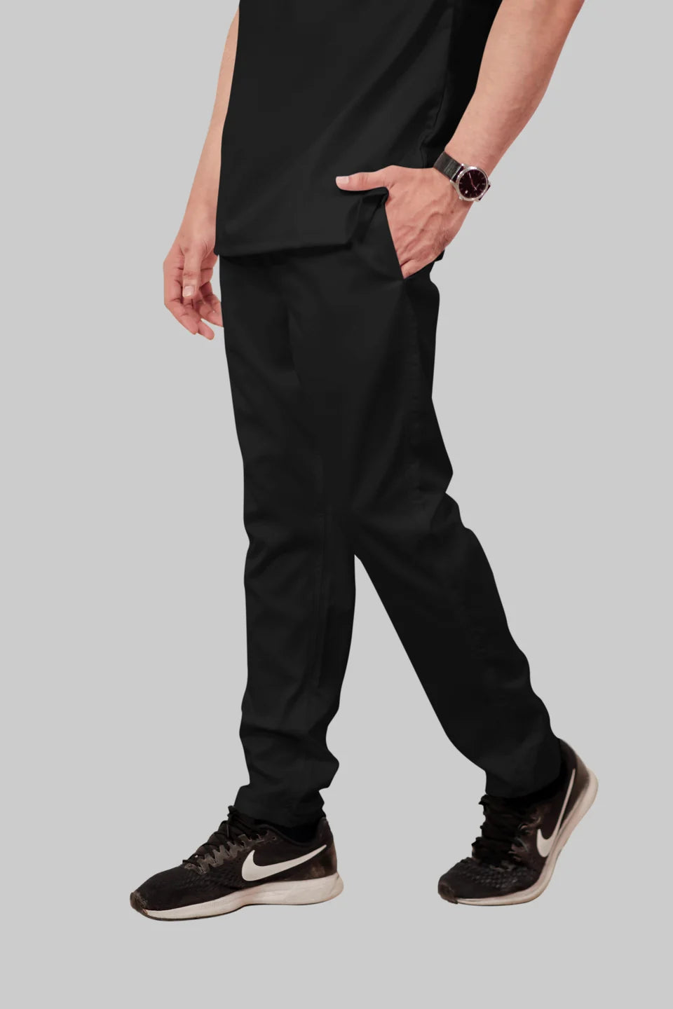 Stretchable (2Way) Men Black V-Neck With Straight Pant Scrub Set