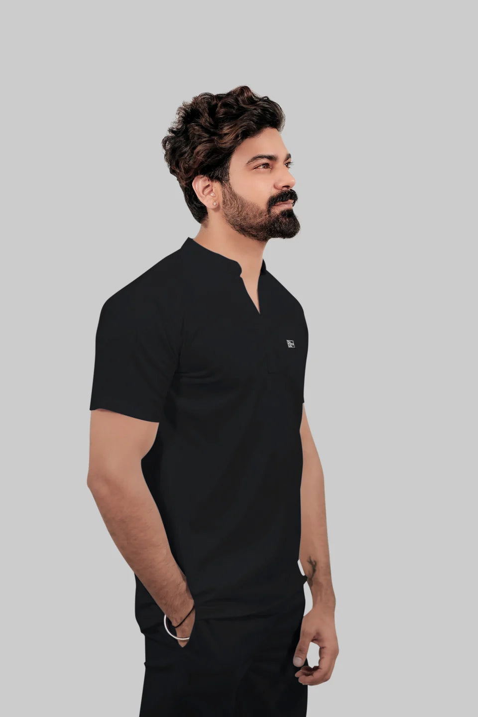 Stretchable (4Way) Men Black Mandarin Neck with Straight Pant Scrub Set