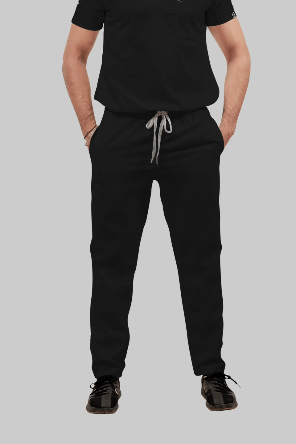 Stretchable (4Way) Men Black Mandarin Neck with Straight Pant Scrub Set