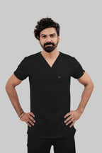 Stretchable (4Way) Men Black V-Neck With Jogger Scrub Set